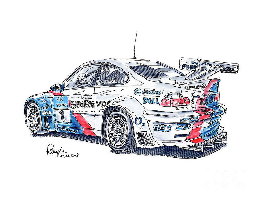Bmw M3 Gtr Racecar Ink Drawing And Watercolor Drawing By Frank Ramspott ...