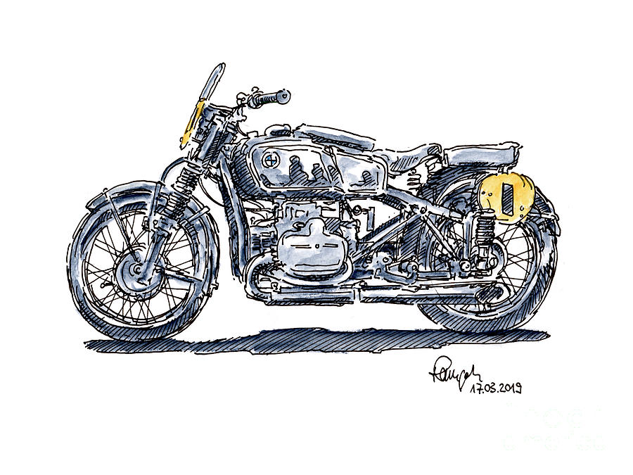 Bmw Rs 255 Classic Motorcycle Ink Drawing And Watercolor Drawing By Frank Ramspott