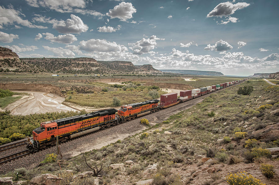 BNSF 7567 and 7209 at Continental Divide New Mexico Photograph by Jim Pearson