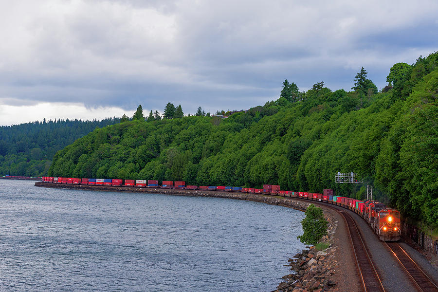BNSF Freight Train Passing by Carkeek Park Seattle Digital Art by Michael Lee