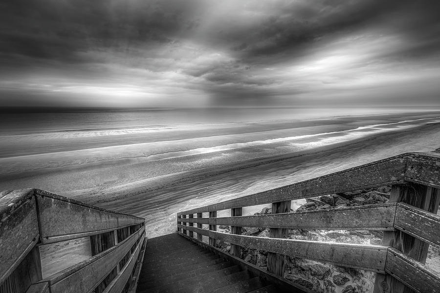 Boardwalk into Sunrise at Low Tide Black and White Photograph by Debra and Dave Vanderlaan
