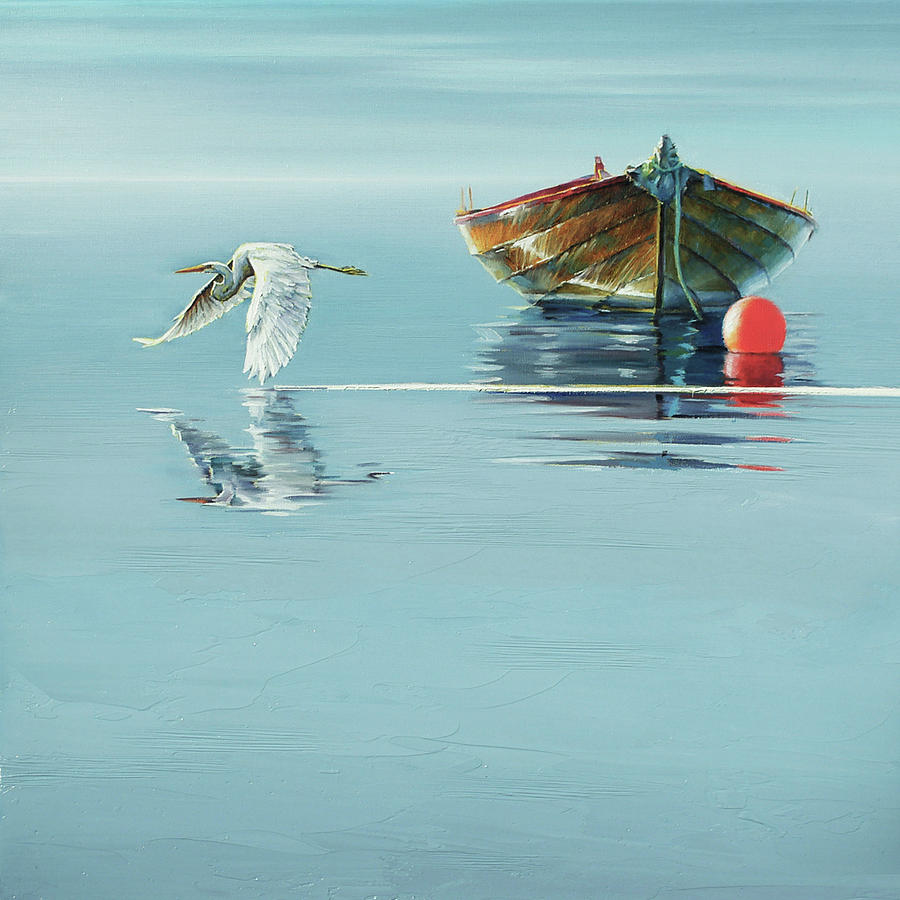 Boat and Flying Egret Painting by Jihong Shi - Fine Art America