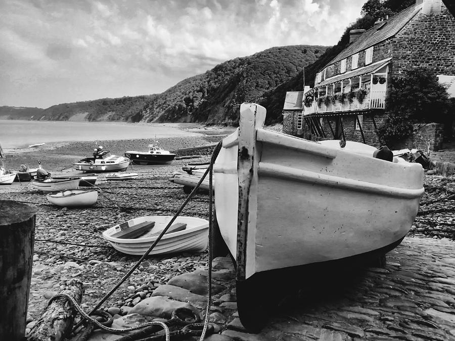 Boat at low tide - Clovelly, Devon - a black and white study Photograph ...