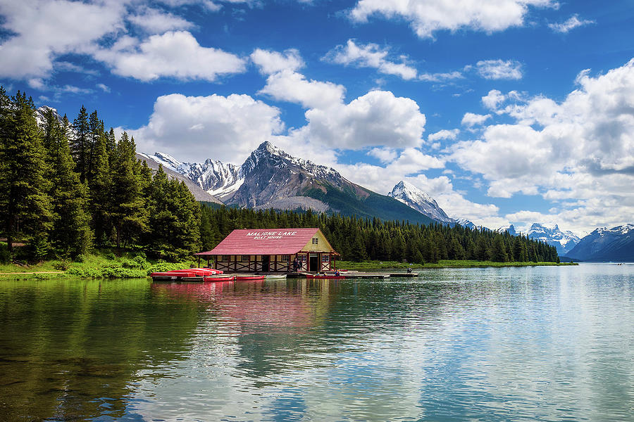 Boat house and the Maligne Lake in Jasper National Park Photograph by ...