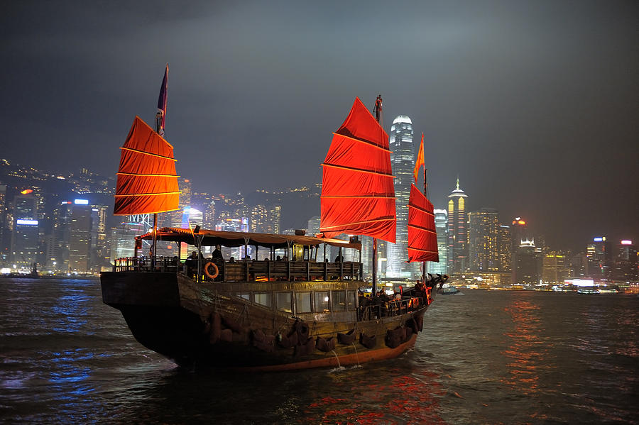 Boat In Hong Kong By Night Photograph by Jacus