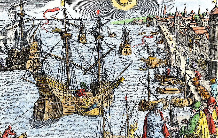 Boat In The Very Active Port Of Lisbon, Portugal, Around 1600 Colouring ...