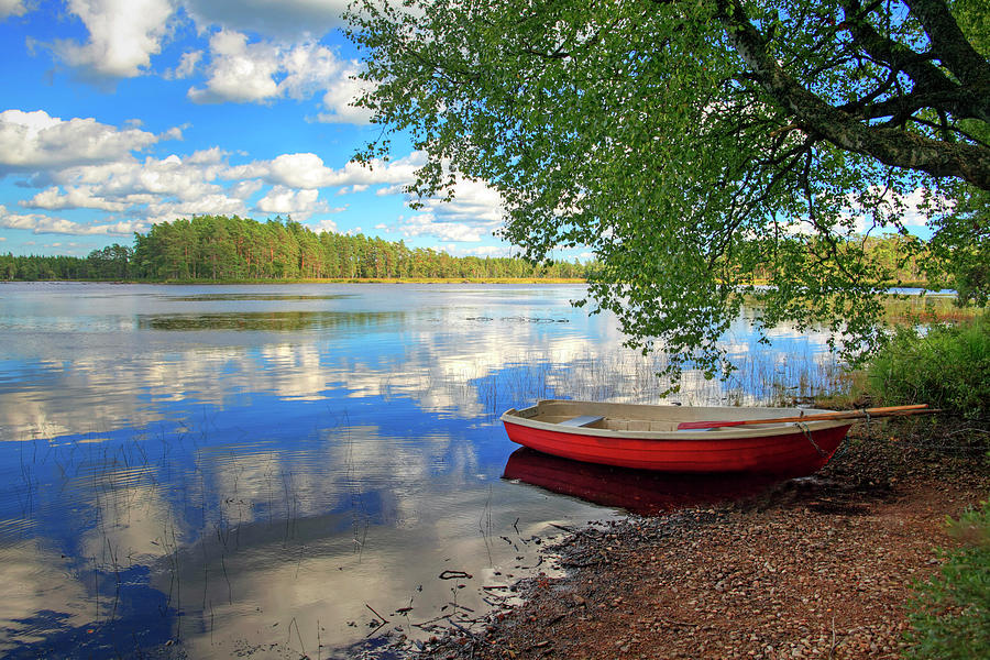 Boat On Lake Yggerydsjoen, Sweden Digital Art by Jurgen Busse