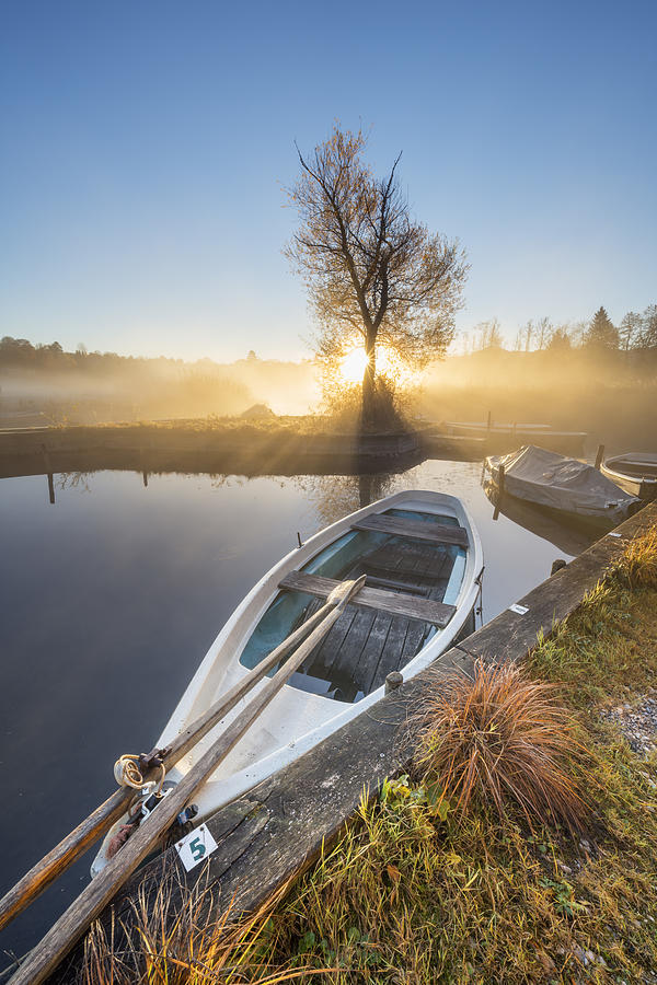 Boat On The Staffelsee In The Sunrise, Blaues Land Digital Art by Christian Back