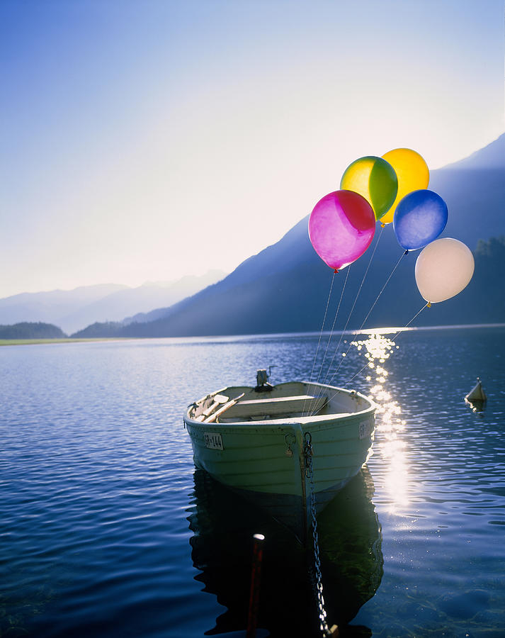 Boat With Colourful Balloons, Lake Photograph by Hiroshi Higuchi