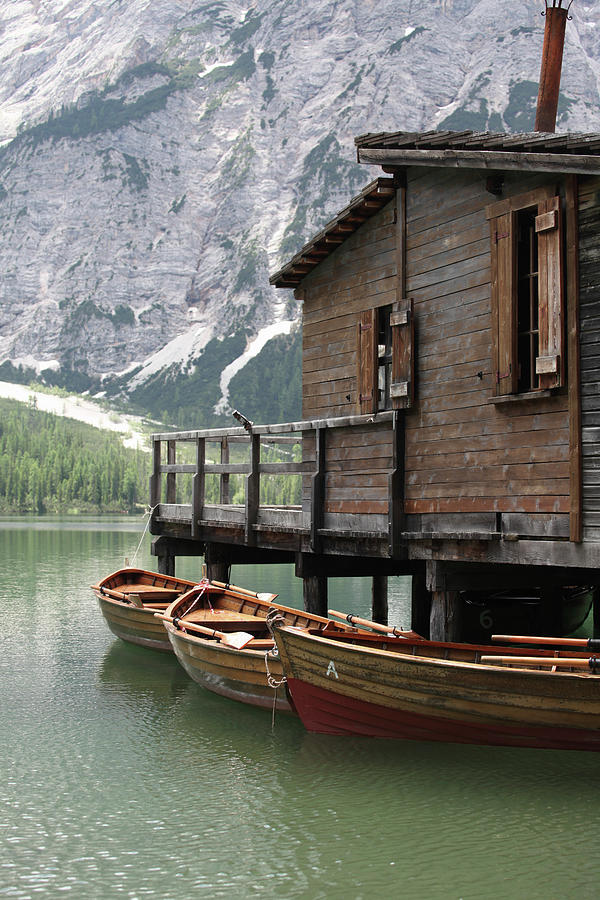 Boathouse And Boats On Lake Prags, South Tyrol, Italy Photograph by Sonja Zelano