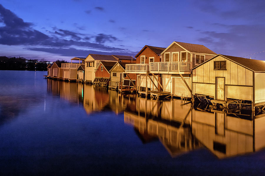 Boat Photograph - Boathouse Reflections at Night by Rod Best