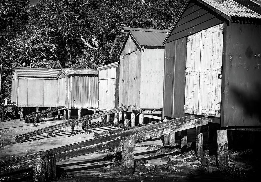 Boathouse Row Stewart Island New Zealand BW Photograph by Joan Carroll