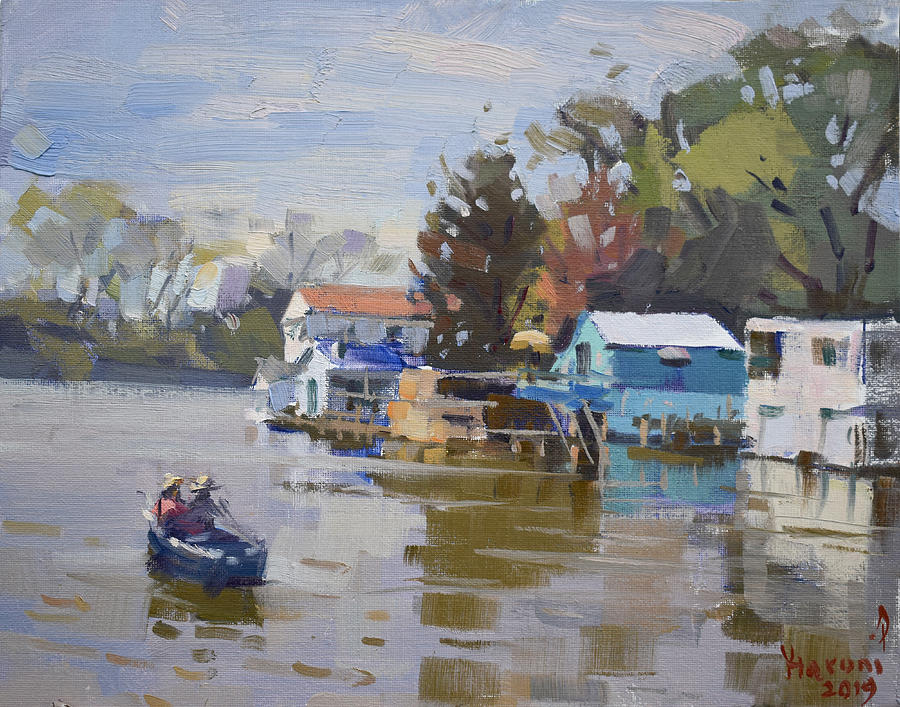 Boathouses at North Tonawanda Canal Painting by Ylli Haruni