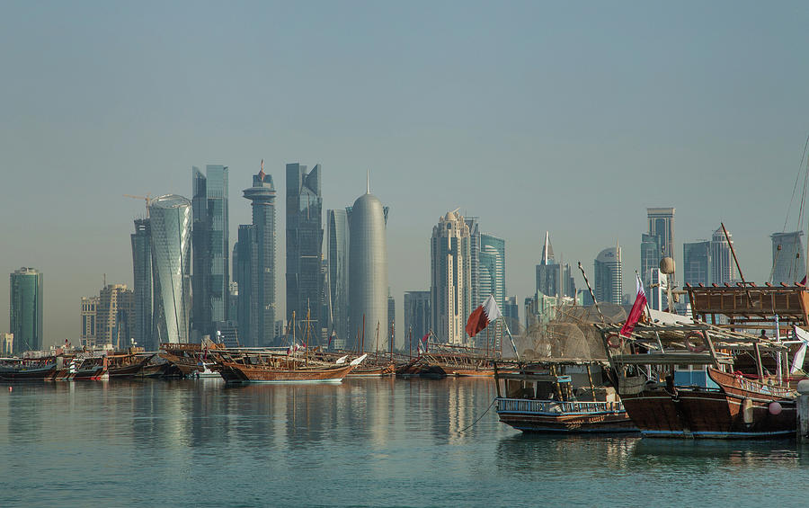 Boats And Downtown Doha Across Water, Doha, Qatar Digital Art by Lost ...