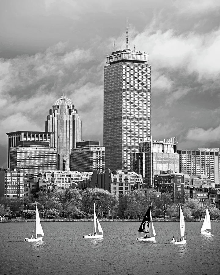 Boats Around the Pru Charles River Boston MA Black and White Photograph by Toby McGuire