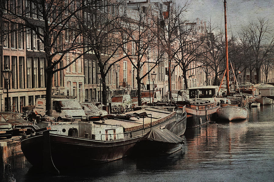 Boats at Amsterdam Canal. Vintage Photograph by Jenny Rainbow