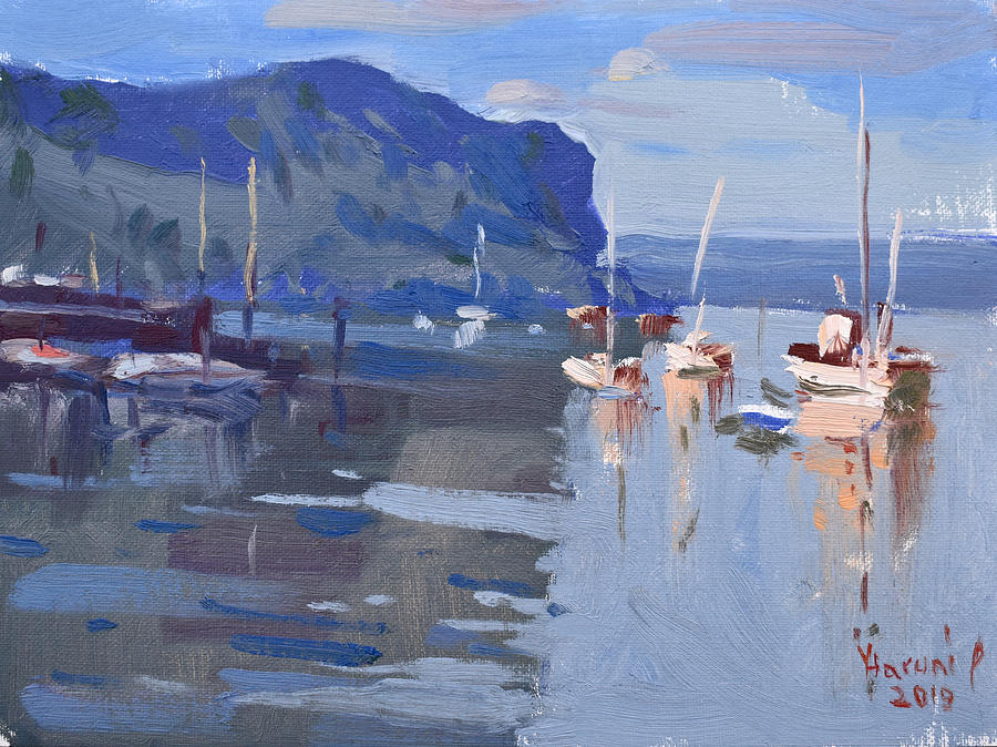 Boats at Hudson River in Rockland County Painting by Ylli Haruni