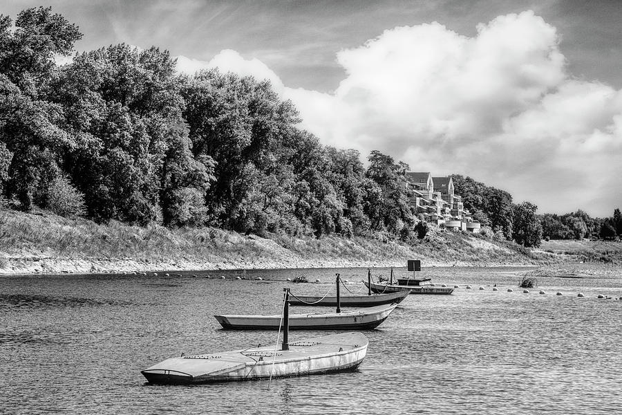 Boats at the Ferry Crossing in Black and White Photograph by Debra and Dave Vanderlaan