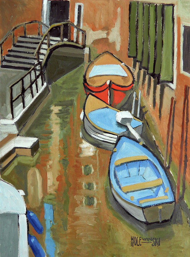 Venice Painting - Boats In A Venice Canal by Robert Holewinski Venice Painting - Boats In A Venice Canal by Robert Holewinski