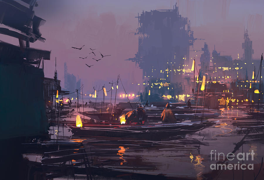 Seaport Digital Art - Boats In Harbor Of Futuristic by Tithi Luadthong Seaport Digital Art - Boats In Harbor Of Futuristic by Tithi Luadthong