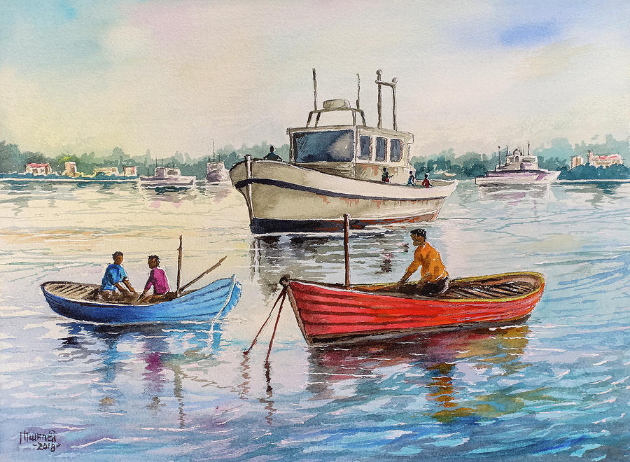 Boats on a Lake Painting by Anthony Mwangi