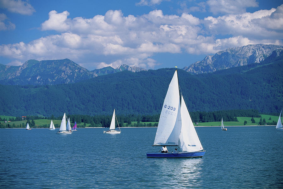 Boats On Lake Forggensee, Germany Digital Art by Reinhard Schmid