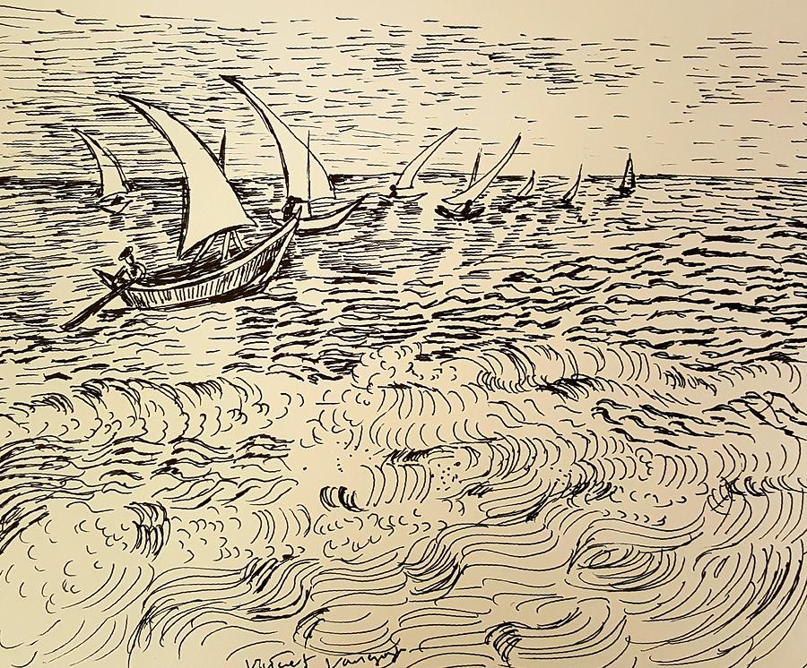 Boats on the the sea Drawing by Hae Kim