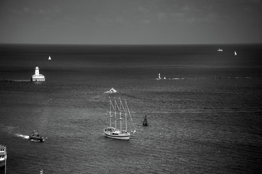 Chicago Photograph - Boats On The Water In Black and White by Greg and Chrystal Mimbs