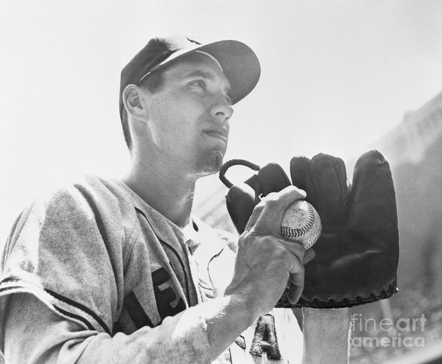 Bob Feller Holding Mitt And Baseball by Bettmann