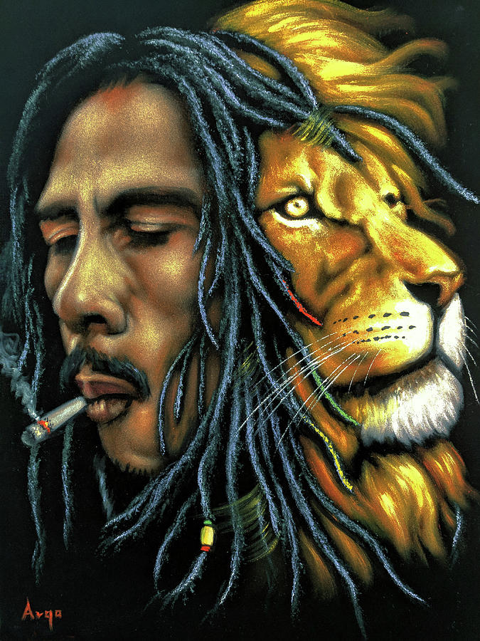 Vintage Painting - Bob Marley and Lion smoking by Argo