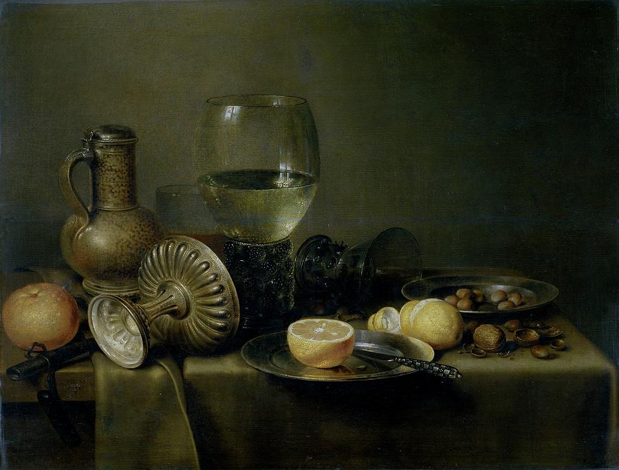Bodegon con jarra de cerveza y naranja, 1633, Dutch School, Oil on pan... Painting by Willem Claeszoon Heda -c 1594-c 1680-