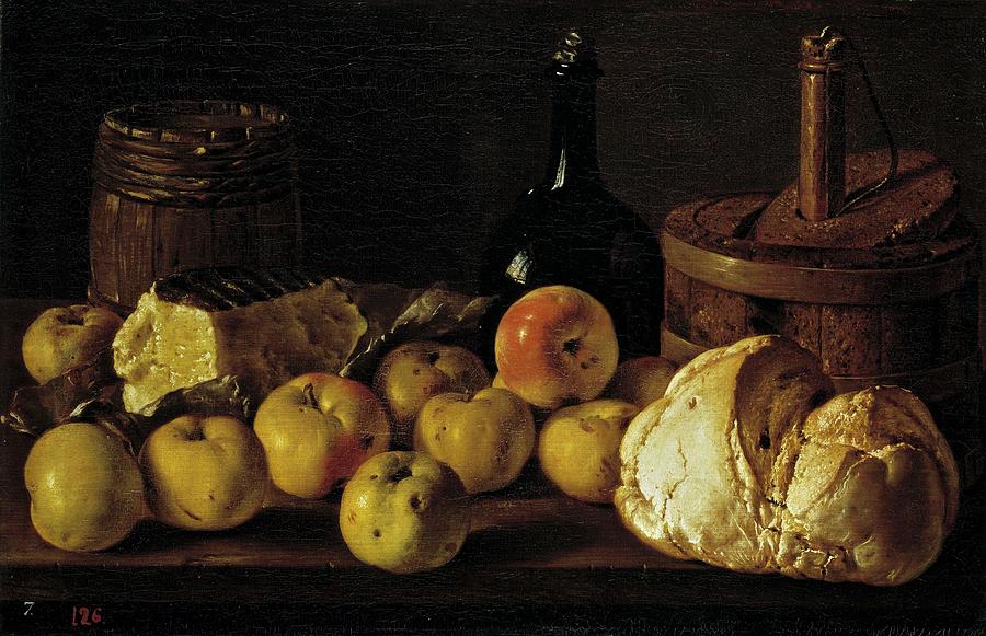 Bodegon con manzanas, pan, queso y recipientes, ca. 1772, Spanish Schoo... Painting by Luis Melendez -1716-1780-