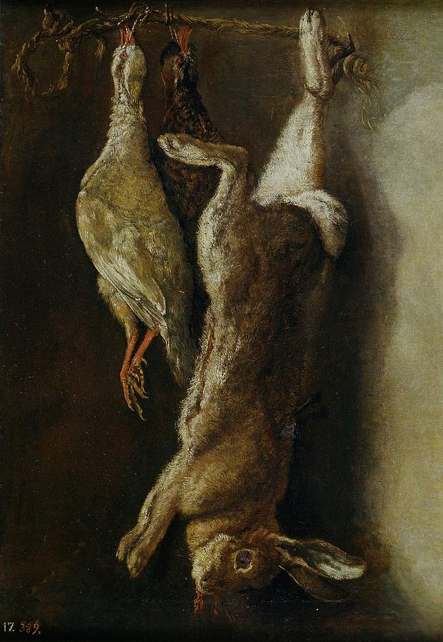 Bodegon de caza una liebre y dos perdices, Second half 18th century, Italian Sc... Painting by Mariano Nani -c 1725-1804-