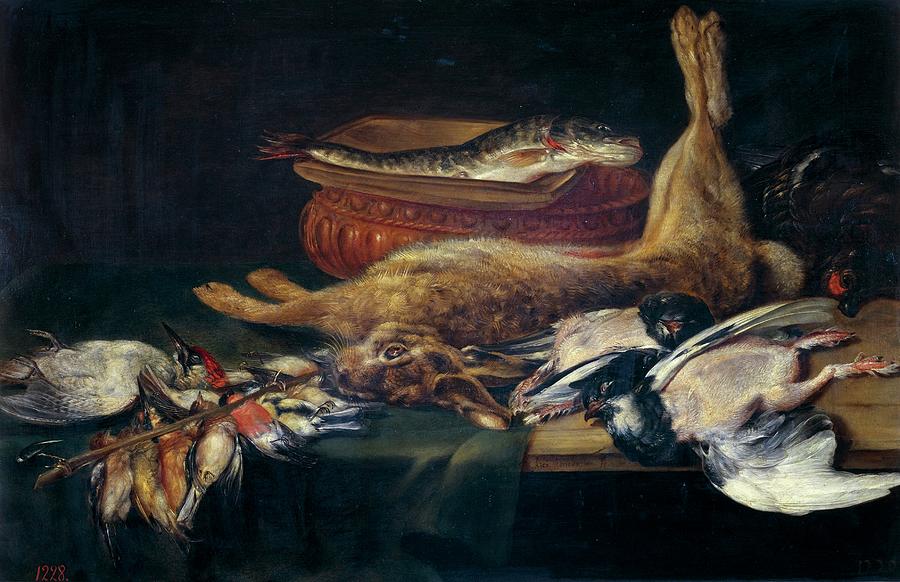 Bodegon liebre, pajaros muertos y pescados, 1616, Flemish School, Oil ... Painting by Alexander van Adriaenssen -1587-1661-