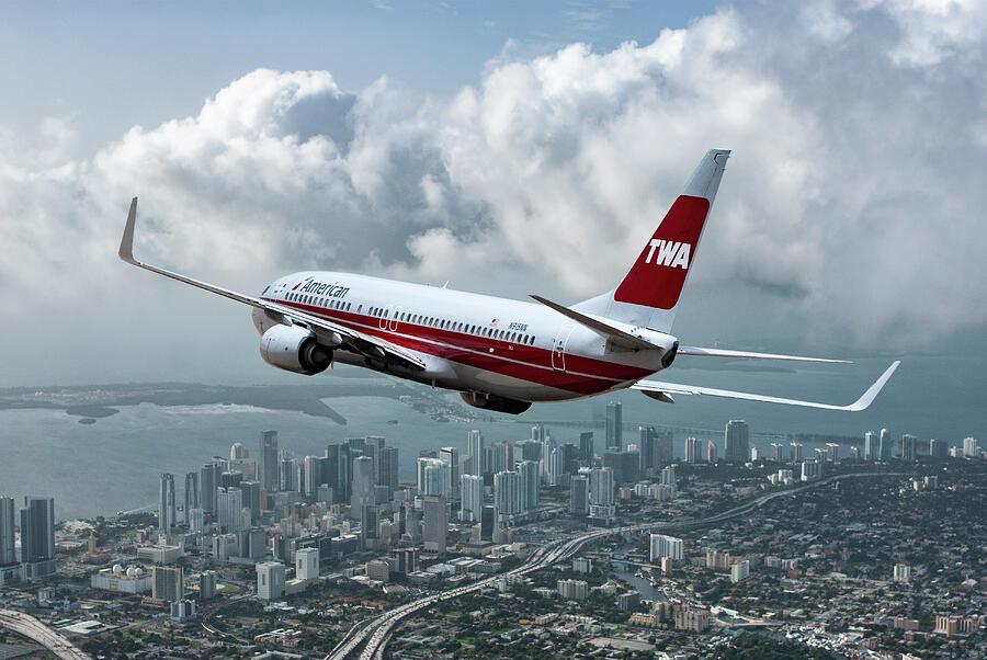 Boeing 737 Climbing Out Over Downtown Miami Mixed Media by Erik Simonsen