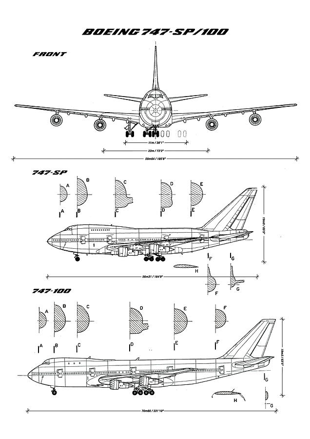 Boeing 747-SP and 747-100 Blueprint - white Drawing by Ryan Steven Horowitz...