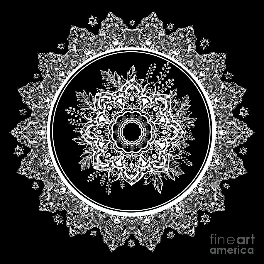 Lace Digital Art - Bohemian Lace Paisley Mandala White on Black by Sharon Mau