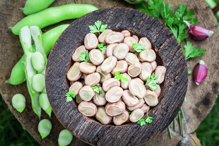 Boiled Broad Beans With Garlic And Parsley seen From Above Photograph by Shaiith