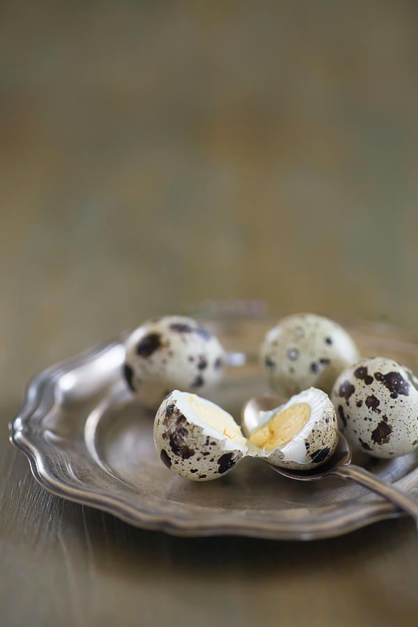 Boiled Quail Eggs And Spoon On Silver Tray Photograph by Alicja Koll