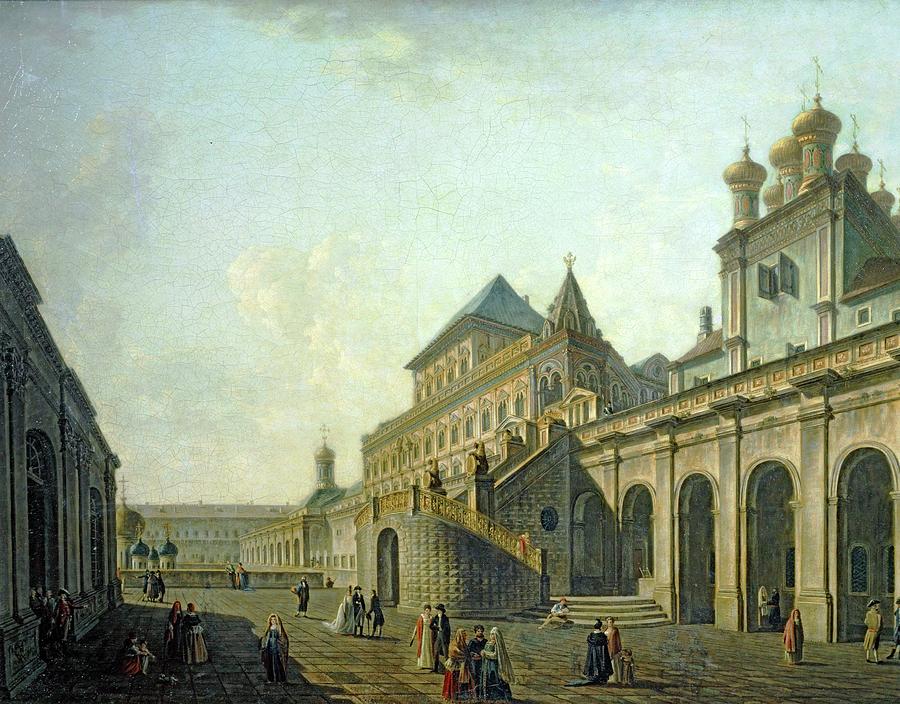 Bojars Square and the Cathedral of Christ the Saviour in Kremlin, Moscow, 18th century, oil on c... Painting by Fyodor Alekseyev -1754-1824-