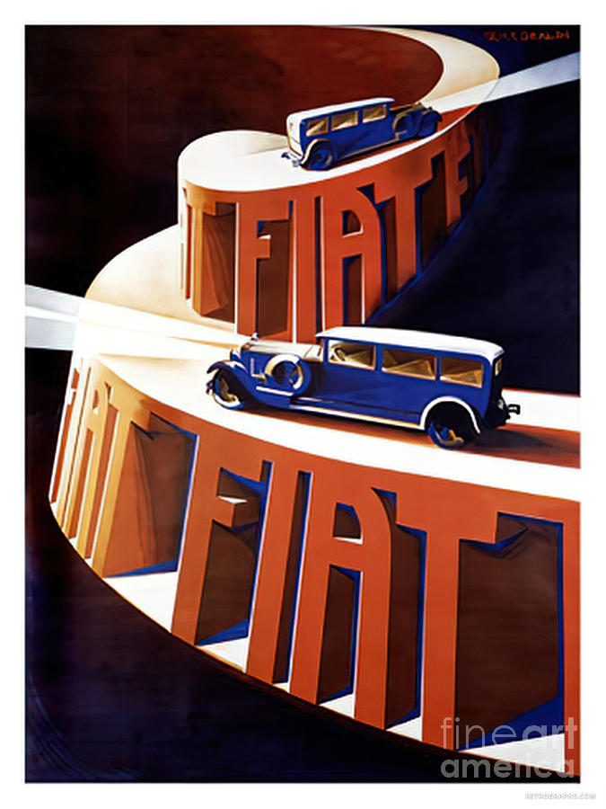 Bold 1920s Advertisement For Fiat On Elevated Roadway Mixed Media by Retrographs