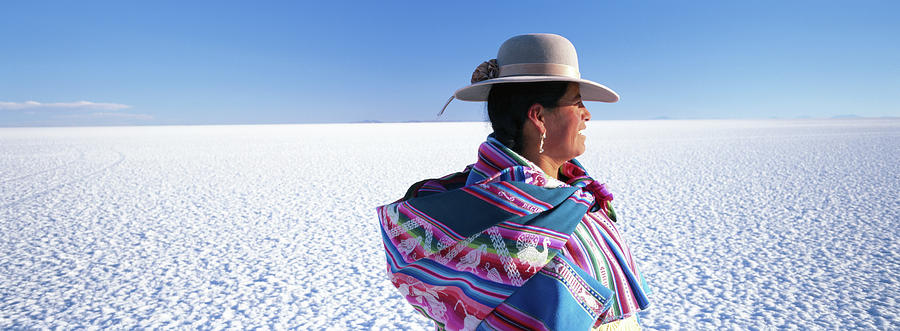 Bolivia, Salar De Uyuni, Woman In Salt Photograph by Peter Adams