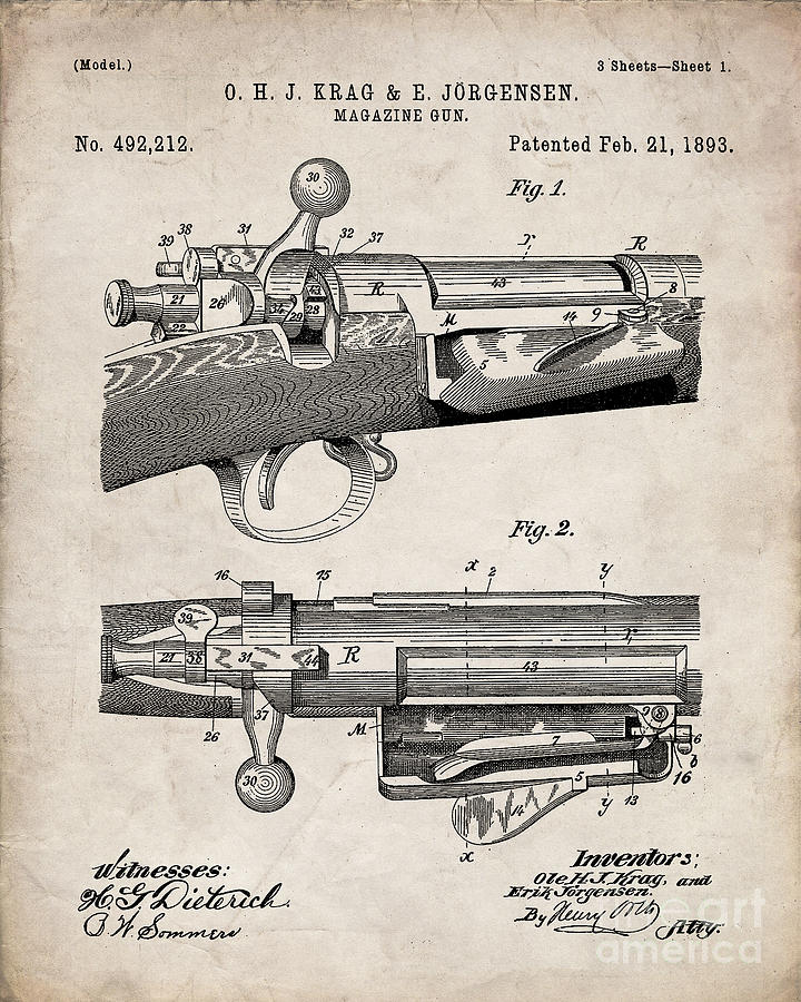 Bolt Action Rifle Patent, Repeating Receiver Art - Antique Vintage ...