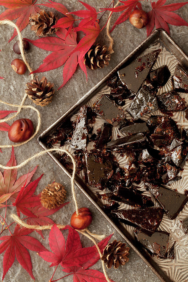 Bonfire Toffee Chunks On A Tray With Autumn Leaves Photograph by Jane Saunders