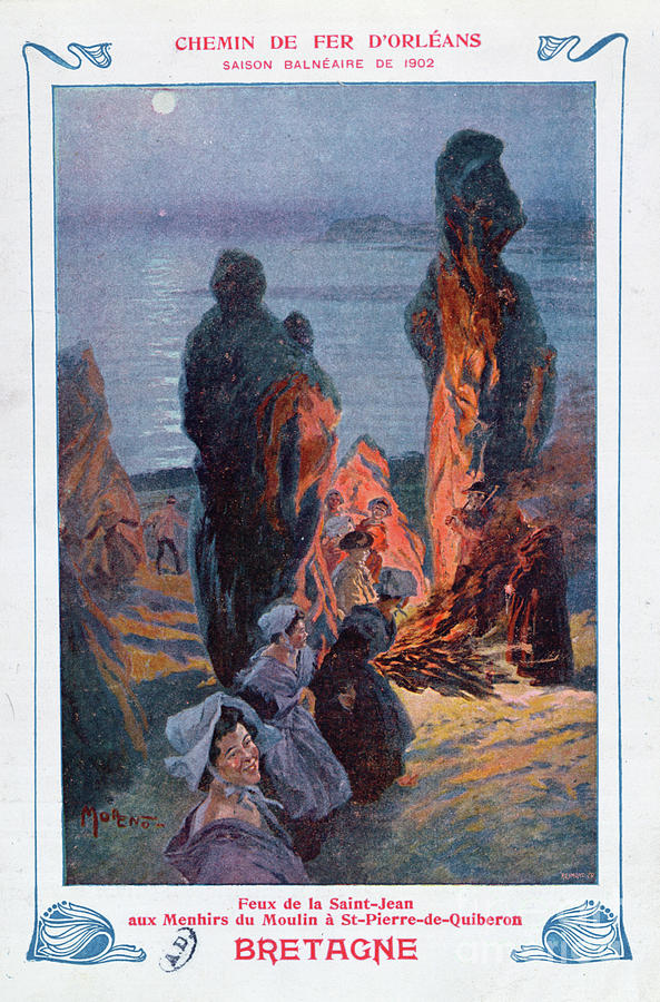 Bonfires Lit To Celebrate The Summer Solstice At Saint-pierre-de-quiberon, Brittany, Poster Advert For Orleans Railway, 1902 Drawing by Jose Moreno Carbonero