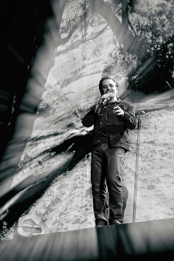 Bono Entertaining On U2 Joshua Tree Tour 2017 New Orleans Superdome Black and White Zoom Digital Art by Shawn OBrien