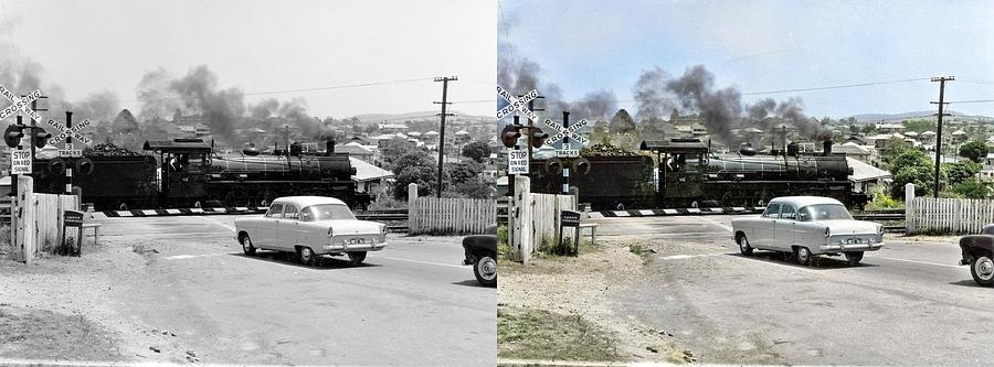 Boom gates and train crossing at Newmarket - Brisbane, October 1960 colorized-image-comparison color Painting by Celestial Images