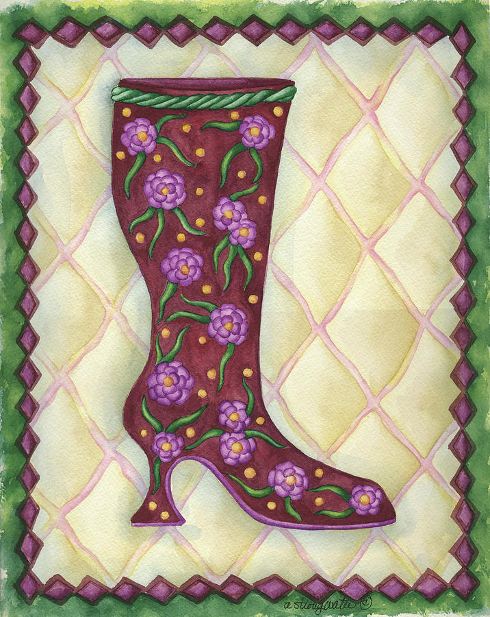 Boot Painting - Boots Magenta With Roses With Leaves by Andrea Strongwater