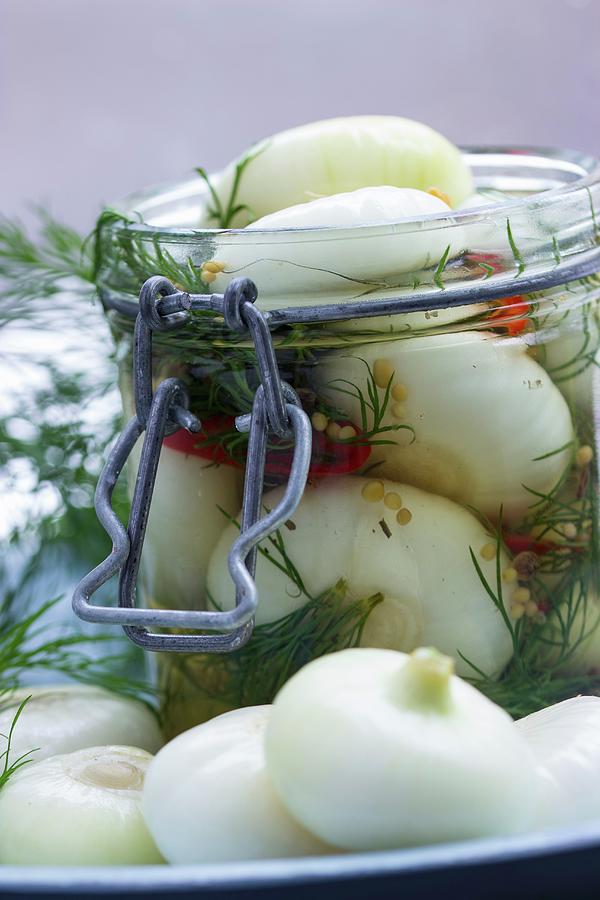 Borettane Onions In White Balsamic Vinegar With Fresh Dill Photograph by Charlotte Von Elm