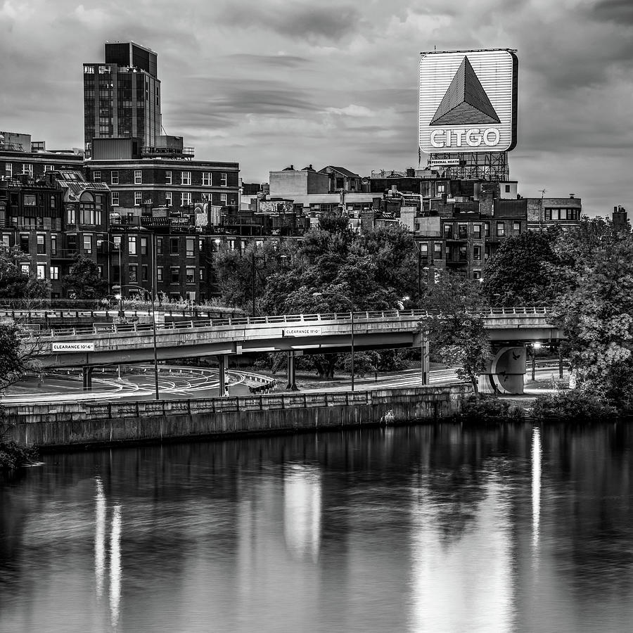 Boston Citgo Sign Along The Charles River - Black And White Photograph